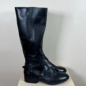 Nine West Women’s Black Leather Blogger Harness Riding Boots Mid Calf Preppy